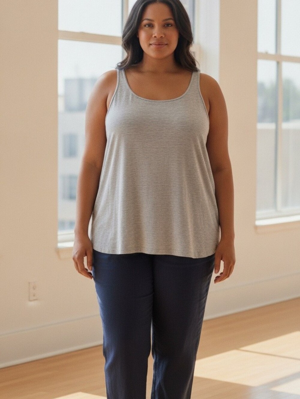 Eileen Fisher Woman 2X Gray White Stripe Tank Top Plus Size Scoop Neck 0032